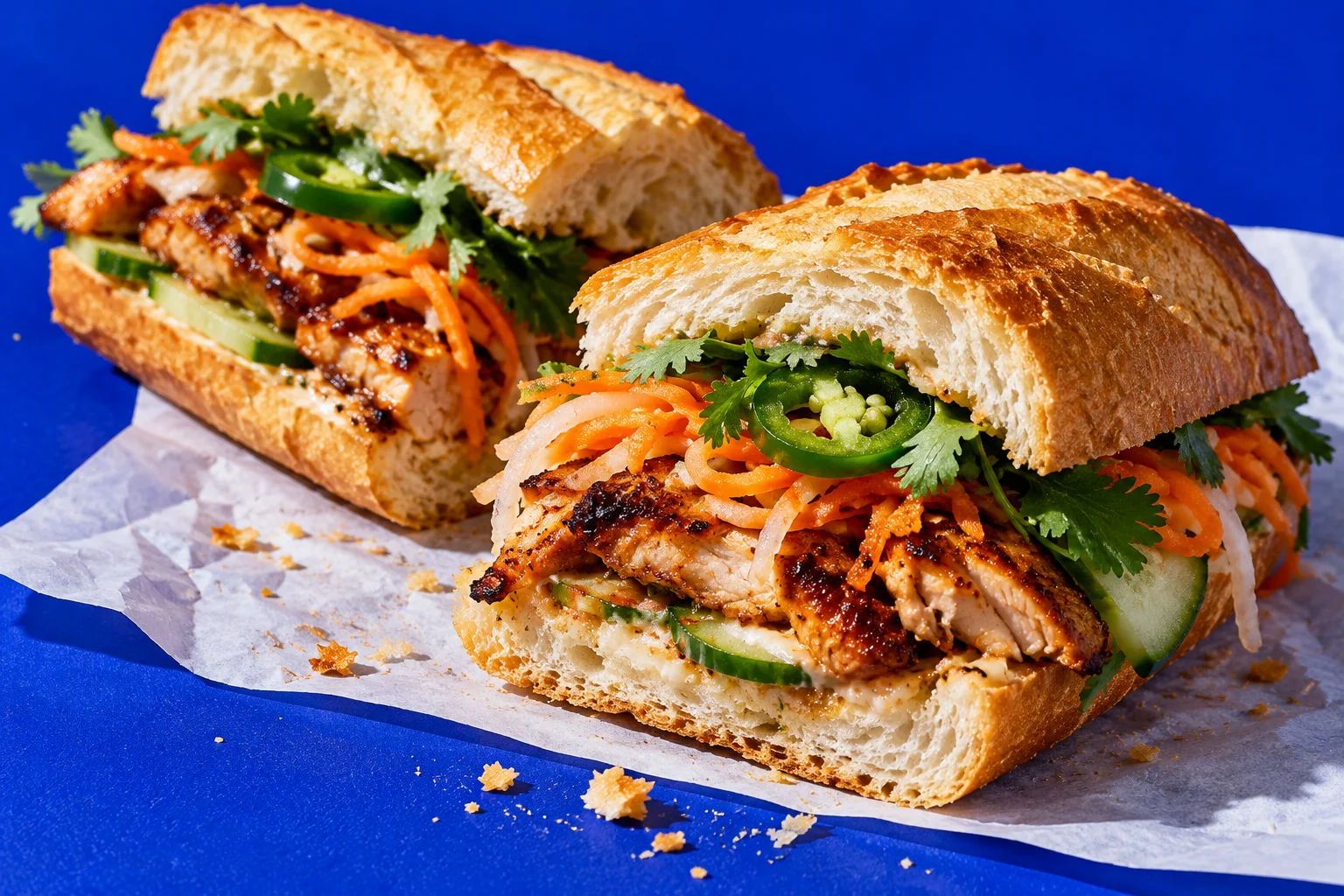 Illustrative sate chicken bánh mì with pickled carrots, cucumber and cilantro